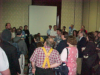 An unidentified developer gives a brief presentation at the Developers Forum in the Computer Tech Lab